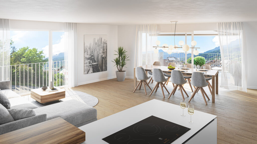 Moderner offener Wohn- und Essbereich mit großen Fenstern, hellem Holzfußboden, grauem Sofa, Esstisch für acht Personen und Blick auf die Berge.