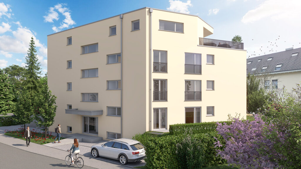 Ein modernes, vierstöckiges, beigefarbenes Mehrfamilienhaus mit Balkonen, umgeben von Grünanlagen; eine Person geht mit dem Fahrrad spazieren und ein geparktes Auto steht davor.