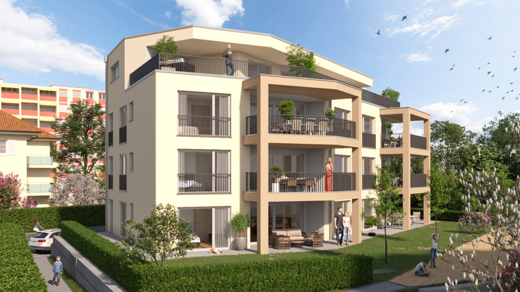 Modernes dreistöckiges Wohnhaus mit Balkonen, Sitzgelegenheiten im Freien, Menschen auf dem Rasen; umgeben von Grünflächen und anderen Gebäuden.