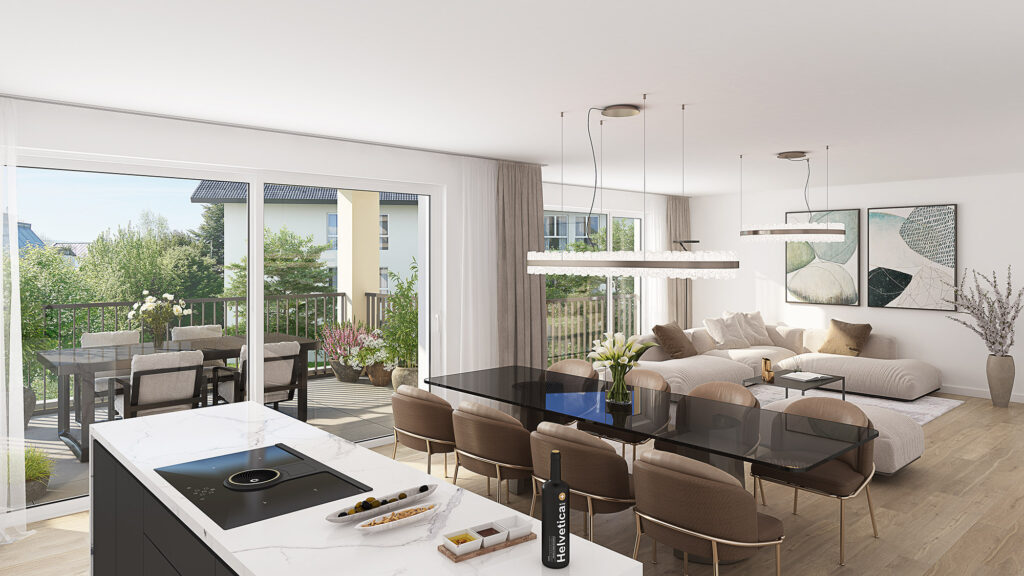 Moderner offener Küchen-, Ess- und Wohnbereich mit großen Fenstern, einem Balkon und modernen Möbeln und Dekor in neutralen Farben.