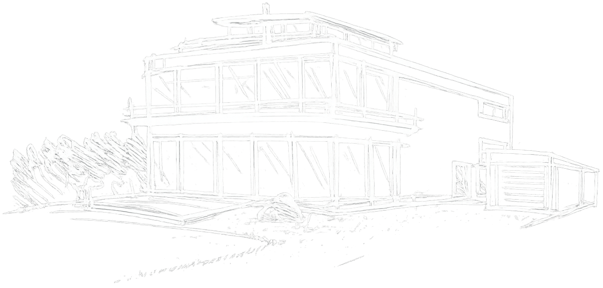 Strichzeichnung eines modernen, zweistöckigen Hauses mit großen, bodentiefen Fenstern, Flachdächern, einer kleinen Rasenfläche und einem angrenzenden Garagengebäude.