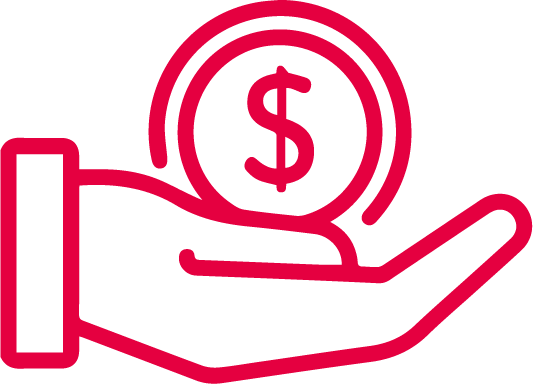 Roter Umriss einer Hand, die eine Münze mit einem Dollarzeichen darauf hält, als Symbol für Geld, Bezahlung oder finanzielle Unterstützung.
