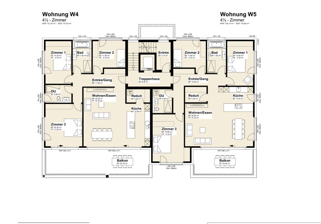 Architekturgrundriss, der zwei nebeneinander liegende 4,5-Zimmer-Wohnungen zeigt, die jeweils über Schlafzimmer, Badezimmer, Küche, Wohn-/Essbereich, Balkon und eine gemeinsame zentrale Treppe verfügen und mit „Wohnung W4“ bzw. „Wohnung W5“ gekennzeichnet sind.